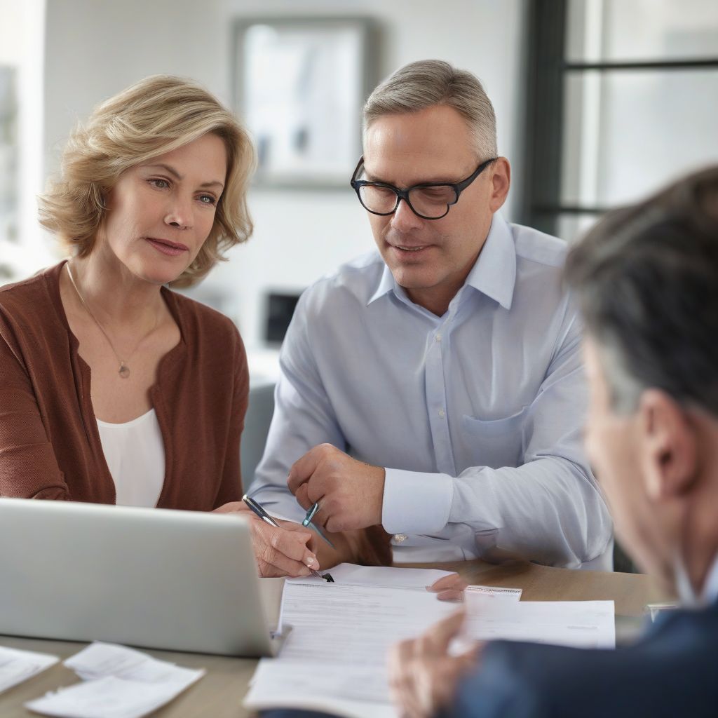 Couple reviewing financial documents with their advisor